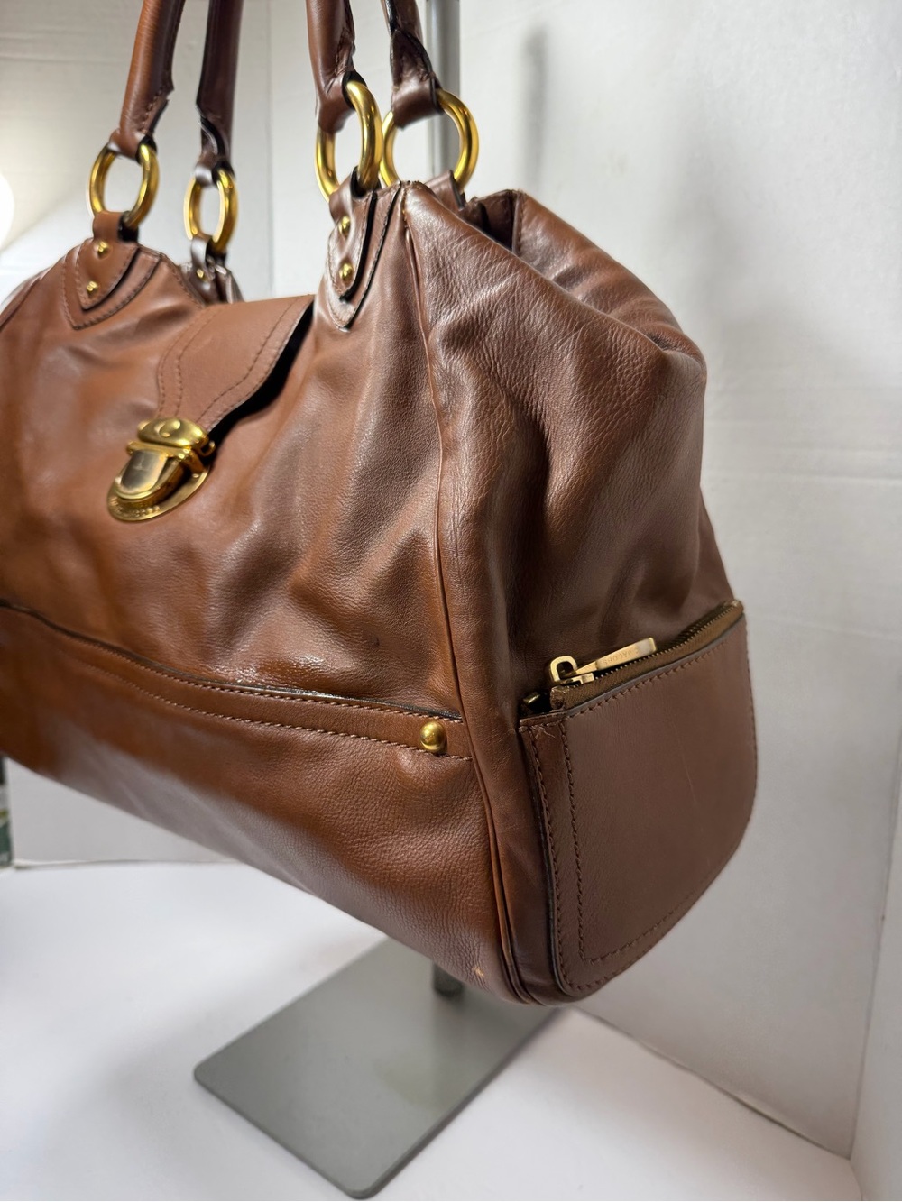 MARC JACOBS Whiskey Calfskin Leather Bleeker Satchel Large Bag made in Italy 🇮🇹 - Picture 2 of 9